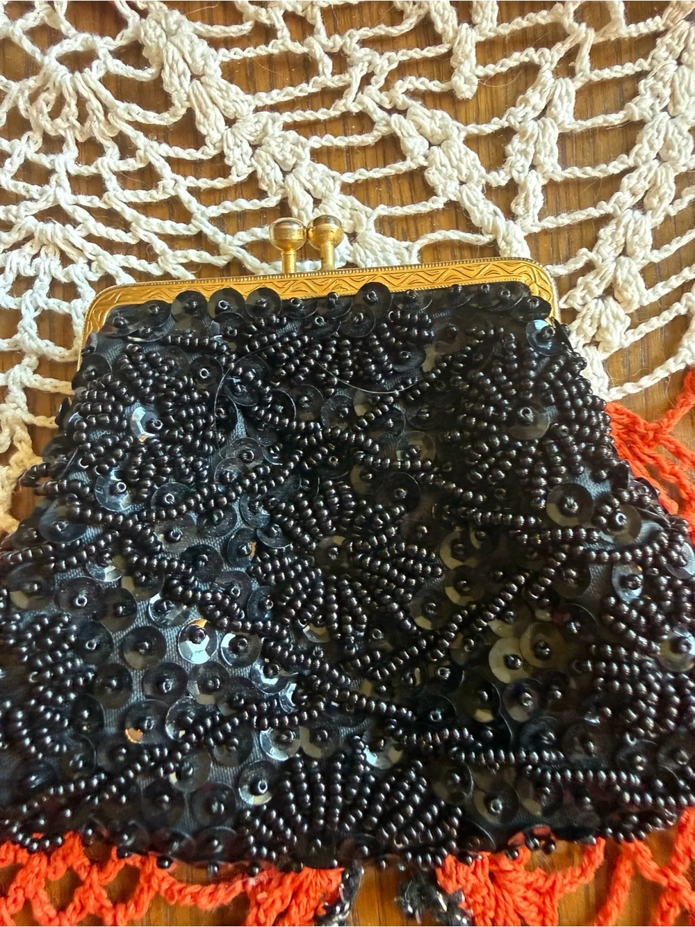 Vintage 1960s JEM Black Beaded Sequin Kiss Lock Coin Purse